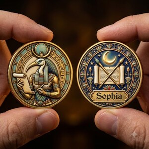 May include: Two circular gold-toned coins featuring intricate relief designs. One coin depicts an ibis-headed figure holding a scroll, while the other shows a crescent moon, crossed quills, a scroll, and the name Sophia in a banner.