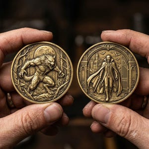 May include: Two circular brass-toned metal coins featuring detailed relief engravings. One coin depicts a snarling werewolf in a forest under a full moon. The other coin shows a caped figure standing before a castle gate with flying bats.
