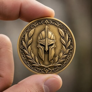 May include: A gold-colored coin featuring a detailed relief of a Spartan helmet. The helmet is centered within a laurel wreath, with intricate detailing. The coin is held between fingers, showcasing its design and metallic sheen.