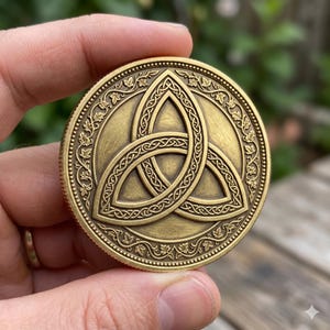 May include: A round, antique gold-colored coin featuring a Celtic Triquetra knot design. The coin has a detailed border with leaf and vine patterns. The Triquetra is a symbol of interconnectedness and is centered on the coin.