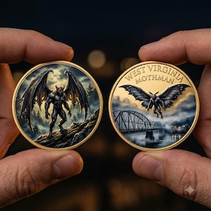 May include: Two gold-toned circular coins featuring the Mothman. One coin shows the creature standing on a rocky cliff, while the other depicts the creature flying over a bridge with the text WEST VIRGINIA MOTHMAN inscribed at the top.