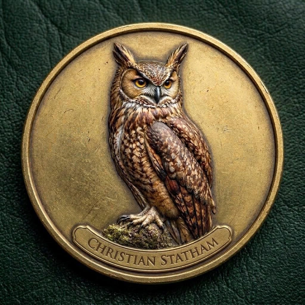 Custom Great Horned Owl Coin, Personalized Nocturnal Bird Medallion, Printed Feathered Token, Solid