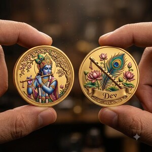 May include: Two circular gold-toned coins featuring detailed relief designs. One coin depicts a blue-skinned figure playing a flute under a tree. The other coin shows a flute, a peacock feather, and lotus flowers with the text Dev.
