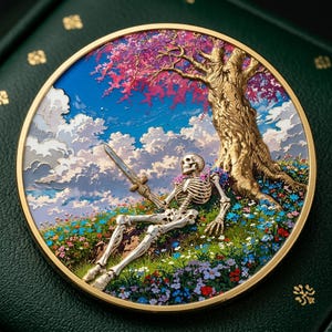 May include: A circular metal coin featuring a relief of a skeleton reclining under a large tree with pink blossoms. The scene includes a blue sky with white clouds, a field of colorful wildflowers, and the skeleton holding a small silver sword.