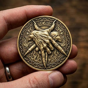 May include: A round, antique gold-colored coin featuring a detailed relief of a hand with long, pointed fingernails. The coin has an intricate border design and a fiery background, held in a hand.