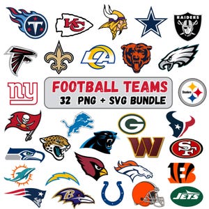 May include: A collection of 32 professional football team logos in various colors and shapes, including animal mascots, helmets, and letter marks. A central gray rectangular label features the text FOOTBALL TEAMS 32 PNG + SVG BUNDLE.