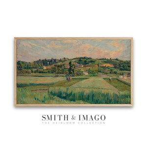 Paisagem Vintage de Colinas Onduladas | Arte para TV Samsung Frame | Pintura a Óleo da Paisagem Rural Francesa | Pôr do Sol em Tons Pastel | Primavera Pastoral | Download Digital