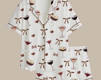 Women’s Espresso Martini Print Satin Pajama Set, Tini Time Cocktail Short Sleeve Sleepwear