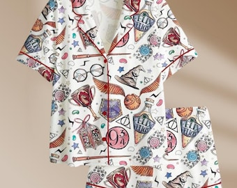 HP Wizard School Wizard Academy Magic School Satin Pajama Set, Wizard Academy Magic Pajama Sleepwear, Nightwear Set Gifts For Her