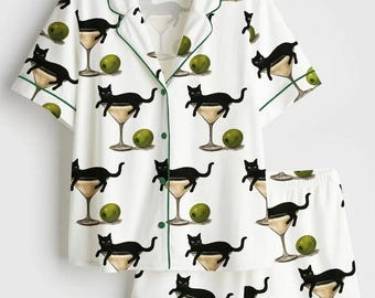 Damen Pyjama-Set für schwarze Katzen, Martini- und Cocktailglasdruck, Kurzarm-Satin-PJs, Katzennachtwäsche, Pyjama-Geschenke für Sie, Pyjama-Familie