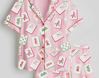 Women’s Watercolor Chinoiserie Millennial Mahjong Christmas Santa Party Short,Long Sleeve Satin Pajama Set