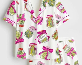 Pickle Lover-pyjamaset med rosa rosetter, satinpyjamas Pickle Lover-rosett, nattlinne för kvinnor, present, pyjamasset med Pickle Lover-rosett