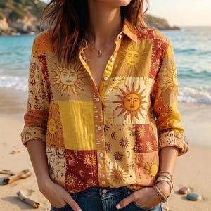 Könnte beinhalten: Ein langärmeliges Hemd mit Knopfleiste und einem Patchwork-Design aus verschiedenen Sonnen- und Mondmotiven in Gelb-, Orange- und Dunkelrottönen. Das Hemd hat einen klassischen Kragen, eine Knopfleiste vorne und Manschetten, getragen zu einer blauen Jeans.
