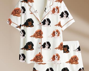 Damen Cavalier King Charles Spaniel Pyjama-Set, Kurzarm-Satin-PJs für Hunde, gemütliche Nachtwäsche, perfektes Geschenk für Hundeliebhaber