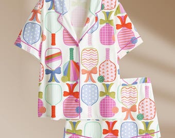 Women’s Preppy Pickle Paddle Pickleball Sleeve Satin Pajama Set