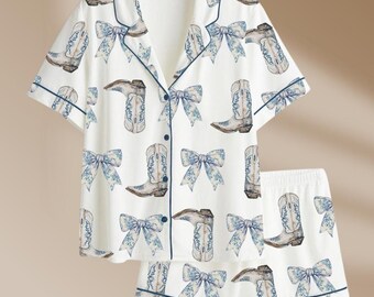 Coquette cowgirl-pyjamaset, blauwe print met strikken en laarzen