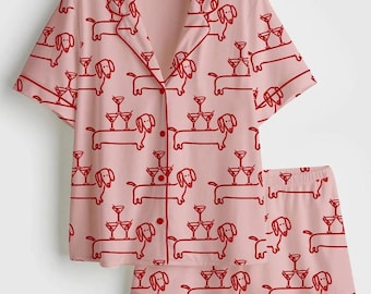 Damen Dackel Pyjama Set, Martini & Weenies Print, Kurzarm Satin Nachtwäsche, Hundepyjama, PJs Familie, Pyjama Geschenke für Sie