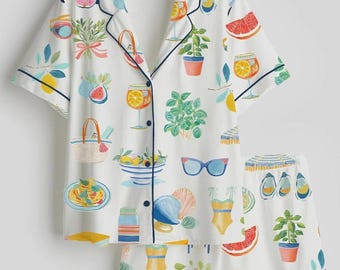 Conjunto de pijama italiano de verano – Ropa de estar por casa con estampado de aperitivo – Higo y Spritz en acuarela