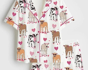 Pijama de satén de vaca de las Tierras Altas para San Valentín, ropa de dormir de manga corta con estampado de vaca occidental, regalo de San Valentín para ella, pijama de satén para dormir, regalo para ella
