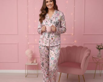 Nurse Life Pajama Set, Medical Print Satin Sleepwear Gift