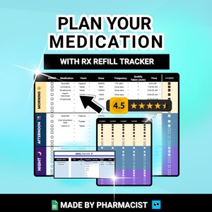 Puede incluir: Un rastreador digital de reabastecimiento de medicamentos con el texto "PLANIFICA TU MEDICACIÓN" y "CON SEGUIMIENTO DE RECARGA RX". El rastreador muestra detalles de medicamentos, frecuencia y hora, con una calificación de 4.5 estrellas. La parte inferior de la imagen dice "HECHO POR FARMACÉUTICO".