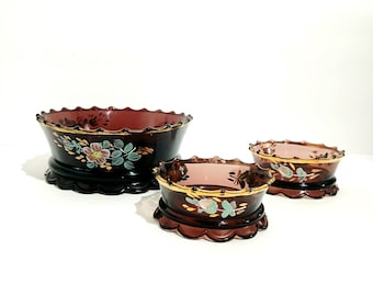 Antique 1904 Jefferson Amethyst Glass Vogue Berry Bowl Set 3pc, Gold Trim Hand Painted Floral EAPG