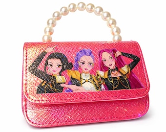 Bolso bandolera K-Pop Demon Hunters con asa de perla y piel sintética rosa, regalo para niños.