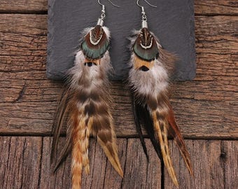 Orecchini con piume di fagiano naturali, orecchini pendenti boho fatti a mano, orecchini lunghi a goccia boho, gioielli per festival, regalo per lei