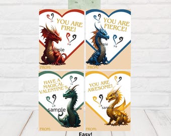 May include: Four Valentine's Day cards with dragon illustrations. Each card features a heart-shaped design with a different dragon and a unique message: "You Are Fire!", "You Are Fierce!", "Have a Magical Valentine's", and "You Are Awesome!"
