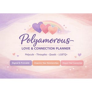 Op de afbeelding: Een digitale en printbare planner met een aquarel achtergrond in tinten paars, roze en oranje. De titel "Polyamorous" is geschreven in een cursief lettertype, met daaronder de woorden "Love & Connection Planner". De planner is ontworpen om relaties te organiseren.