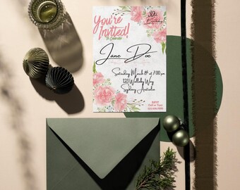 May include: A birthday invitation with floral accents and the text "You're Invited!" and "30th Birthday". The invitation includes the name "Jane Doe", date, time, and address. An envelope, decorative balls, and a glass are also visible.