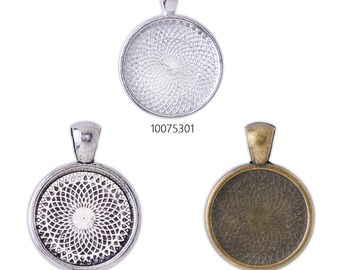 May include: Three silver and bronze pendant trays with a circular design. The trays are 1.5 inches in diameter and have a filigree pattern. The trays are perfect for adding a personal touch to your jewelry making.