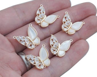 14k Gold Filled Butterfly pendant, Mother of Pearl Butterfly Pendant, Zircon Butterfly charm with 2 loops, Gift for her 10423153