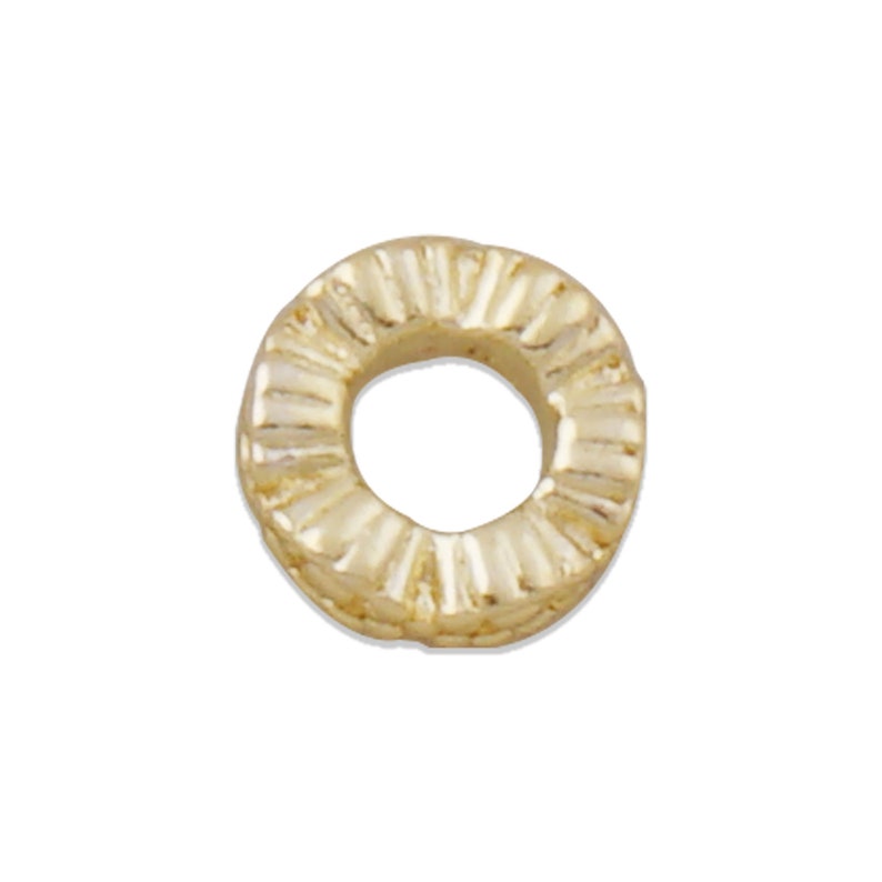 May include: Gold-toned metal bead with a textured, ridged design. The bead has a circular shape with a hole in the center.