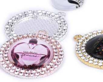 25mm Zinc Alloy Round Pendant Tray with Double Rhinestones Bezel Cabochon Settings Wholesale Cameo Setting 10pcs 102255