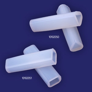 May include: Two silicone molds for making resin crafts. One mold is a triangle shape and the other is a square shape. The molds are white and translucent. The product numbers are 10102050 and 10102051.