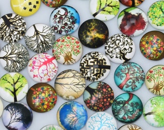 50PCS Mixed Pattern Glass Cabochon Wish Tree Pattern Round Flat Back Glass Handmade Photo Glass Cabochons Glass Cover Glass Tiles