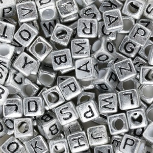 6mm Silver Alphabet Beads Cube Acrylic Alphabet Beads A-Z 3.6mm Hole 100 Pcs/Bag 103135