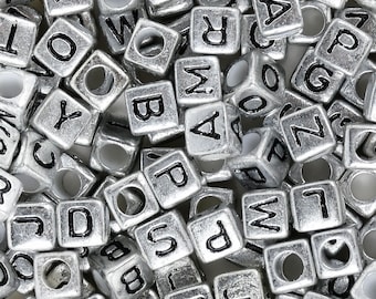 6mm Silver Alphabet Beads Cube Acrylic Alphabet Beads A-Z 3.6mm Hole 100 Pcs/Bag 103135