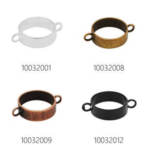 May include: Four metal ring bezels with jump rings. The bezels are silver, antique brass, copper, and black. The bezels are all the same size and shape. The bezels are used for jewelry making.