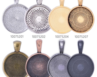 May include: Eight round metal pendant trays with different finishes, including silver, gold, bronze, and black. Each tray has a decorative pattern and a loop at the top for hanging.