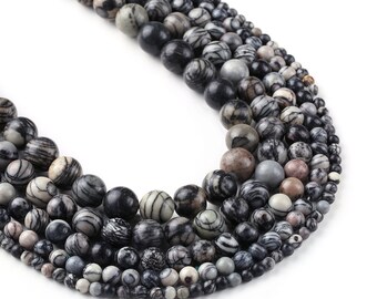 15" Vollstrang Natürliche Schwarze Netzperlen 4/6/8/10/12mm Runde Perlen DIY Edelstein Schmuck Wholesale 103045