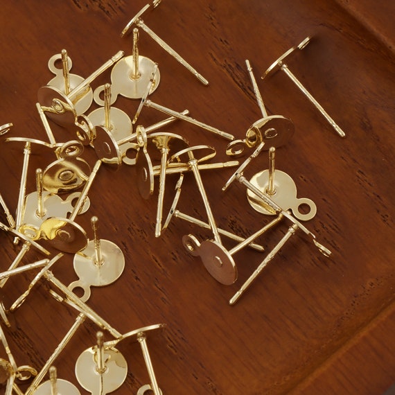 50PCS 14k gold filled 6mm Flat Pad Earring Posts Brass Earring Stud with silver post needle Flat Back Earring Component 104077