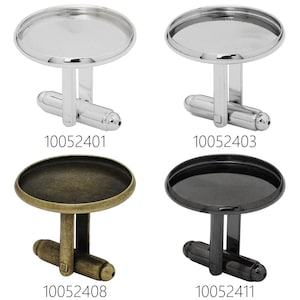 May include: Four pairs of cufflinks with round, flat, silver, gold, black, and antique silver-toned metal bases. The cufflinks are designed to hold a round, flat, glass or resin cabochon. The product numbers are 10052401, 10052403, 10052408, and 10052411.