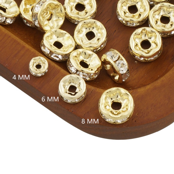 14k Gold Filled Rondelle Spacer Beads with Clear Crystal Rhinestones in 4mm, 6mm, 8mm Sizes 104035