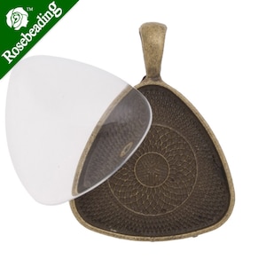 May include: Bronze-toned triangular pendant base with a clear, curved glass cover. The pendant base has a decorative, textured pattern. The top has a loop for hanging. The logo "Rosebeading" is in the upper left corner.