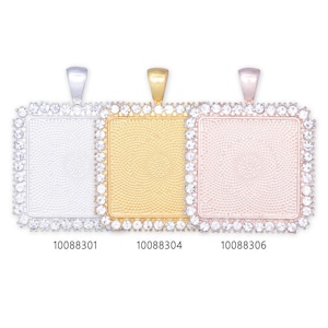 May include: Three square pendant charms with a clear crystal border. The charms are available in silver, gold, and rose gold.