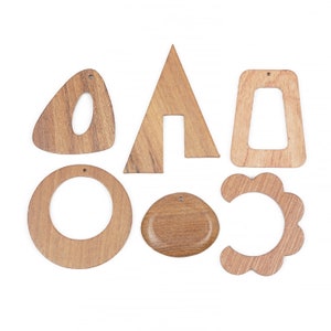 May include: Six wooden earring blanks in various shapes, including a circle, oval, triangle, and a rounded rectangle. Each blank has a hole for attaching earring findings.