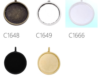 May include: Assortment of round metal pendant trays in various finishes, including antique brass, silver, gold, and black. The trays are designed for crafting and jewelry making.