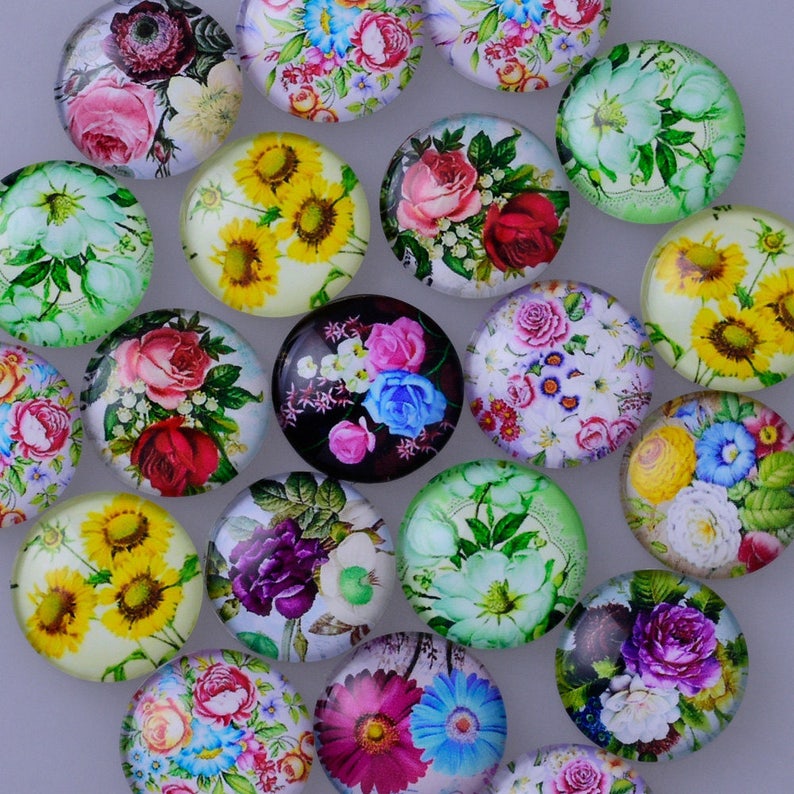 Mixed Round Flat Back Floral Glass Dome Cabochon Settings Etsy 